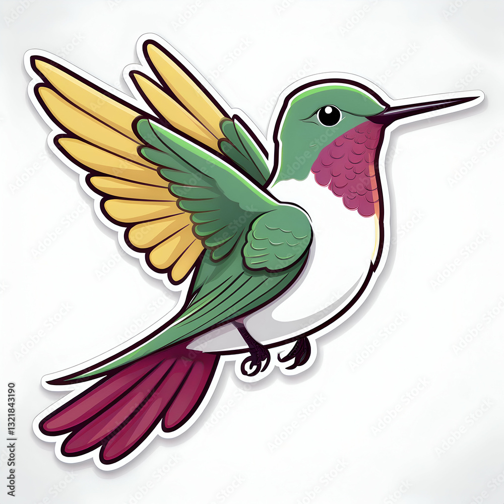 Obraz premium A Vibrant Hummingbird In Mid-flight, Showcasing Its Iridescent Green And Gold Feathers, A Cheerful Burst Of Color Against A Clean White Background