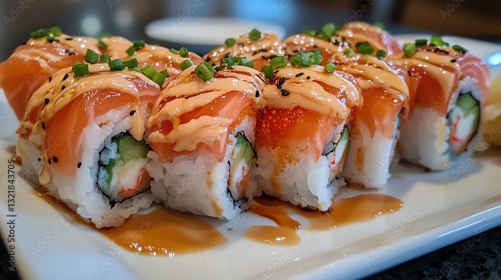 A plate of delicious sushi rolls topped with salmon, garnished with green onions and drizzled with sauce, inviting and beautifully presented. A plate of delicious sushi rolls topped with salmon, garnished with green onions and drizzled with sauce, inviting and beautifully presented.