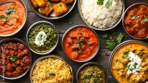 A vibrant assortment of Indian dishes is beautifully presented, featuring aromatic curries, fragrant rice, and delectable sides. Each bowl highlights the diversity of flavors and ingredients