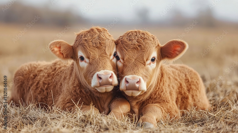 Fototapeta premium Two adorable baby calves resting sweetly in a sun-drenched meadow with joy