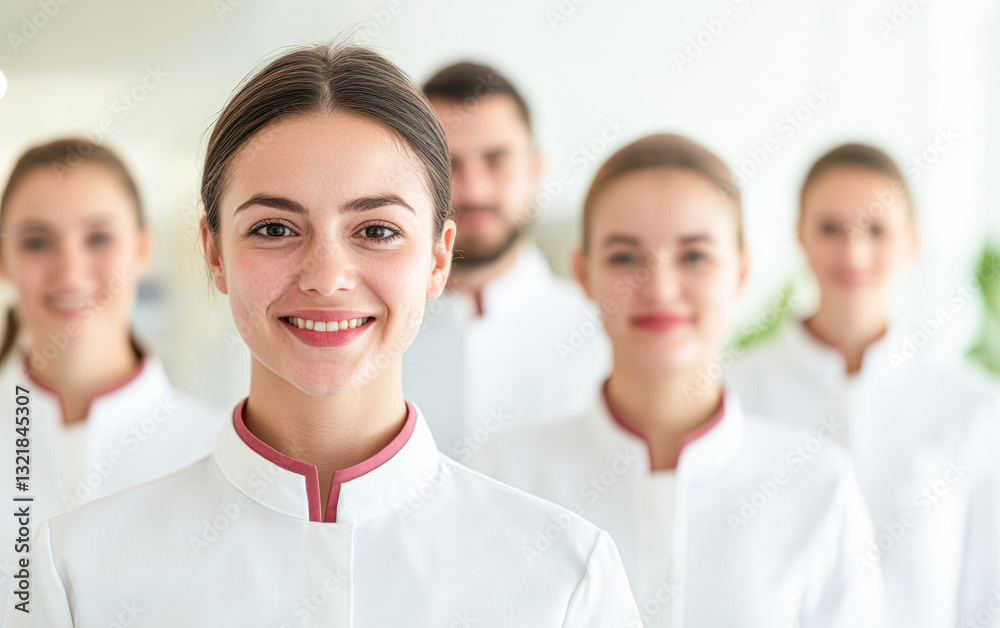 Cheerful group of professionals in white uniforms smiling warmly at the camera. Cheerful group of professionals in white uniforms smiling warmly at the camera.
