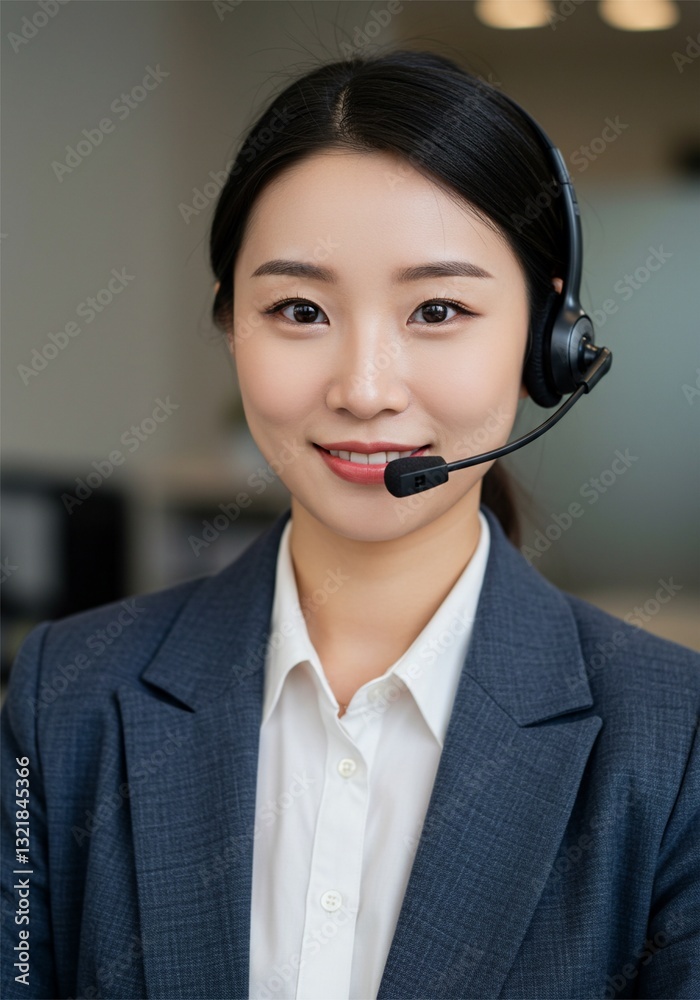 Beautiful young Asian woman using microphone as Customer service or public service operator in company Beautiful young Asian woman using microphone as Customer service or public service operator in company