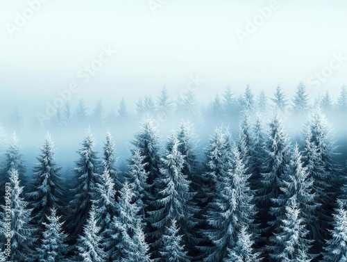 Snowcovered pine forest with morning fog and soft golden sunlight piercing through the trees