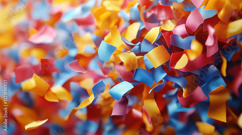 Bright and colorful confetti pieces in blue, red, and yellow create a lively background, perfect for festive events, celebrations, and joyful occasions.