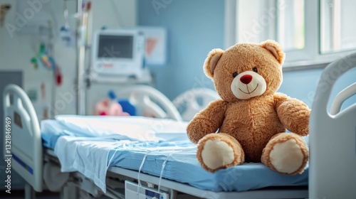 Teddy bear comforts children hospital room emotional support bright environment close-up view healing concept