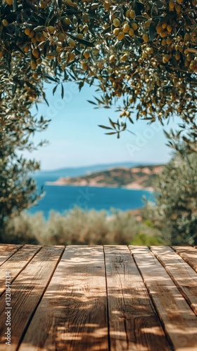 Wooden table under olive branches overlooking mediterranean sea