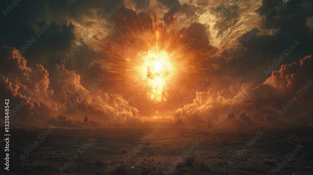 Obraz premium Apocalyptic scene showcasing a luminous explosion in a clouded sky over a desolate landscape