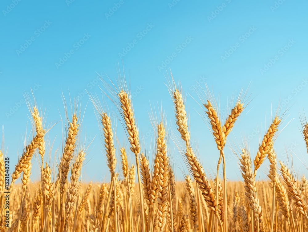 Golden wheat fields stretching endlessly under a brilliant blue sky, peaceful rural charm Golden wheat fields stretching endlessly under a brilliant blue sky, peaceful rural charm