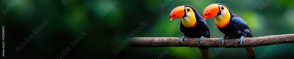 Naklejka premium Vibrant Biodiversity Storytelling Tropical Toucans in Lush Rainforest Ecosystem - Immersive Ecotourism Conservation Narrative for Sustainable Travel Experiences