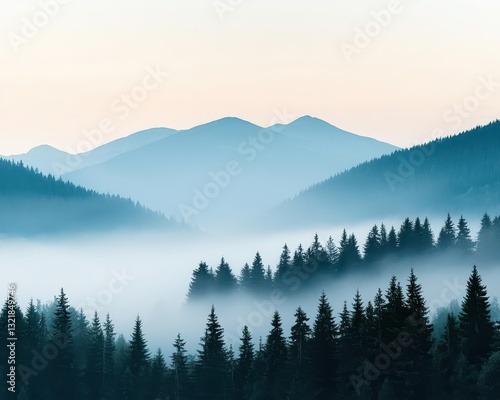 Misty valley with scattered pine trees, early morning fog rolling through the landscape
