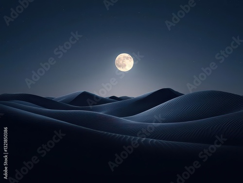 Rolling sand dunes under a full moon, soft silver light casting long shadows across the landscape photo