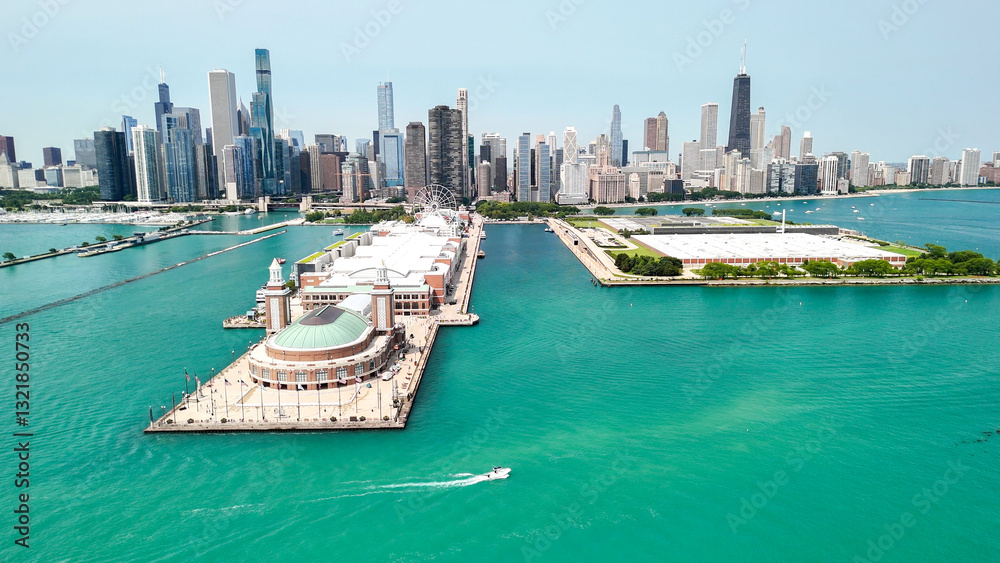 Panoramic drone shot of Navy Pier and Chicago cityscape on a sunny day