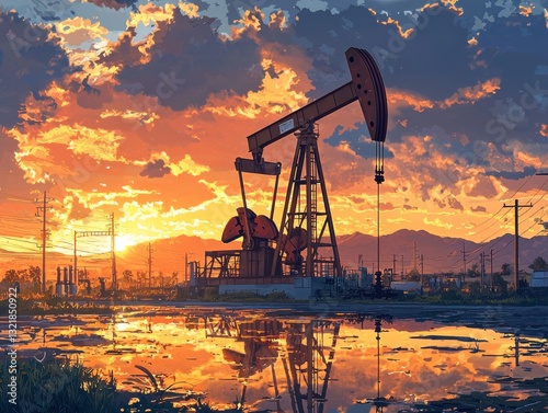 Petroleum pumpjack with serene orange sunset reflections on tranquil puddles