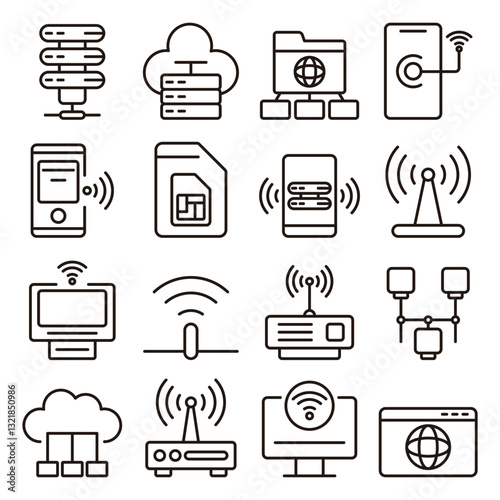 Internet Provider icon set. Includes wireless network, modem, router, satellite internet, mobile data, network connection, and More. Outline icons vector collection