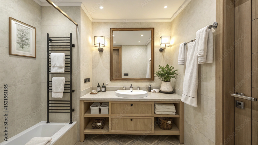 Sophisticated and functional bathroom decor with soft lighting, neutral hues, and stylish black and wood accents. Sophisticated and functional bathroom decor with soft lighting, neutral hues, and stylish black and wood accents.