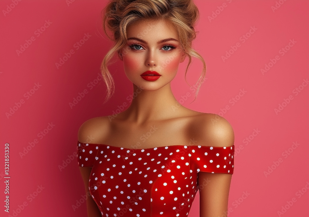 Naklejka premium Woman in a red polka dot dress is standing in front of a pink background. She has red lips and is wearing red lipstick