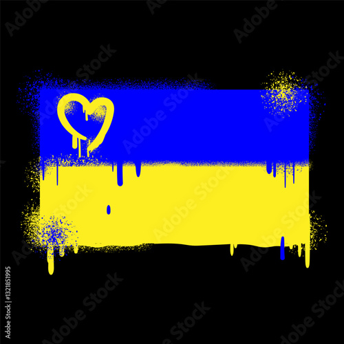 Ukraine Flag with Graffiti Style Paint Drips and Heart. Suitable for use in posters, social media graphics, protest materials, merchandise, digital art, and awareness campaigns.Vector illustration