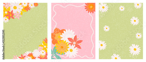 Hand drawn set of cute frames with Flowers, bouquet and Texture. Handwritten Vector Floral vertical templates for card, invitation, poster for birthday, party.