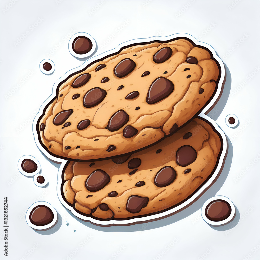 Fototapeta premium A Tempting Stack Of Warm Chocolate Chip Cookies, A Delightful Treat Perfect For A Cozy Afternoon, With A Cartoonish Sticker-like Design And Scattered Chocolate Chips