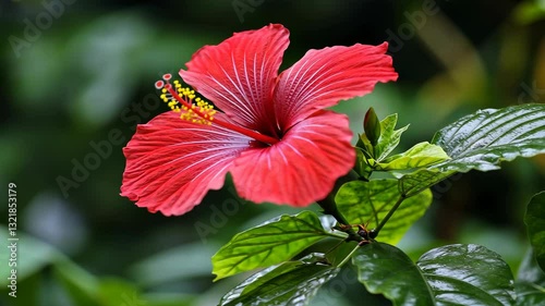 Bright red hibiscus flower blooming elegantly amid lush green foliage in a tropical garden setting