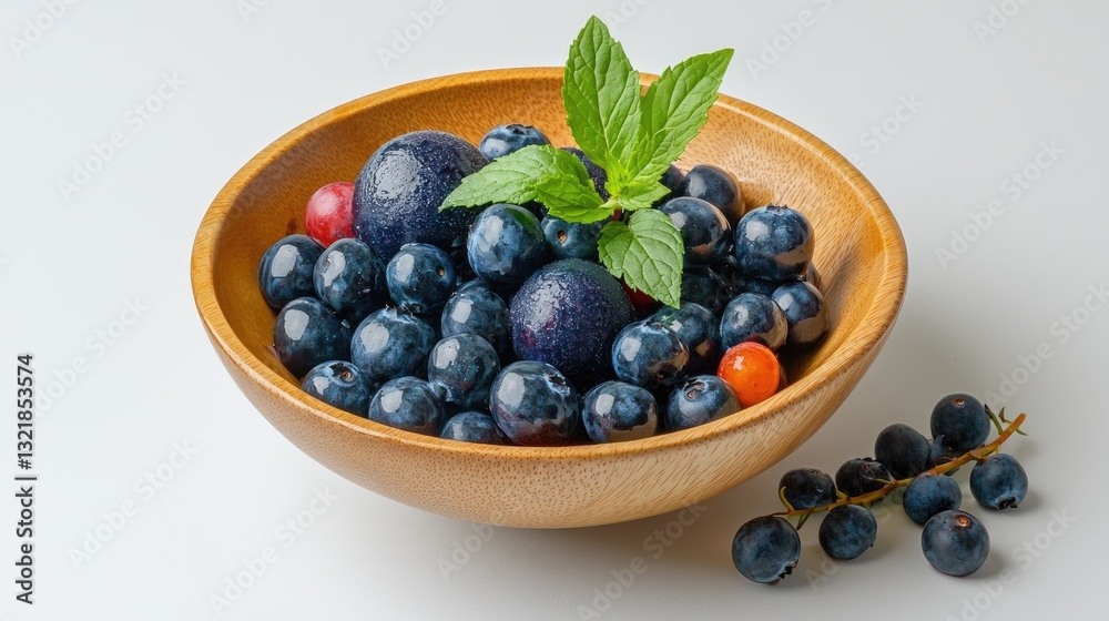 A minimalist image of a bowl of blueberry sorbet with a single mint leaf garnish. A minimalist image of a bowl of blueberry sorbet with a single mint leaf garnish.