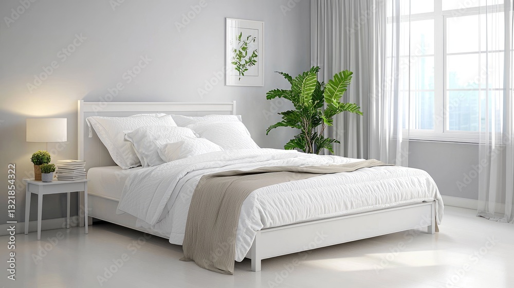 Fototapeta premium A minimalistic farmhouse-style white bed with a soft linen mattress, isolated on a white background.