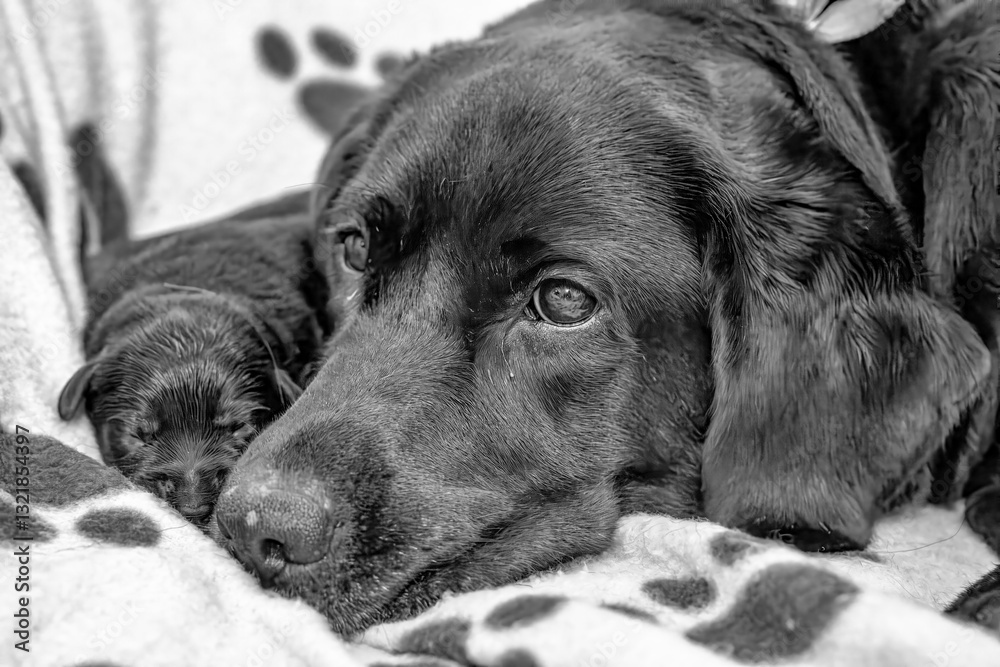 Labrador puppy litter cuddling with their mother, a tender and joyful family scene