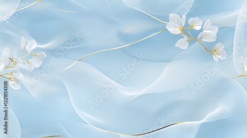 Soft blue background with golden lines, transparent curtain with white flowers and leaves