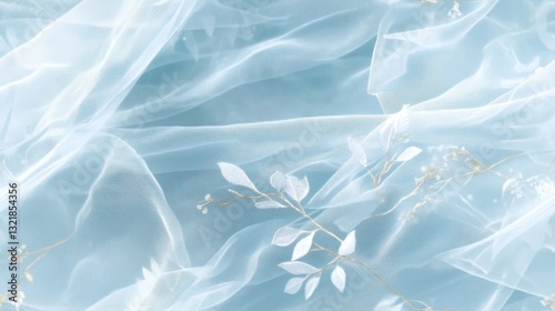 Soft blue background with golden lines, transparent curtain with white flowers and leaves