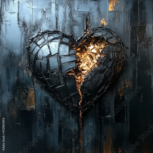 A broken heart in grey with golden liquid flowing from the cracks