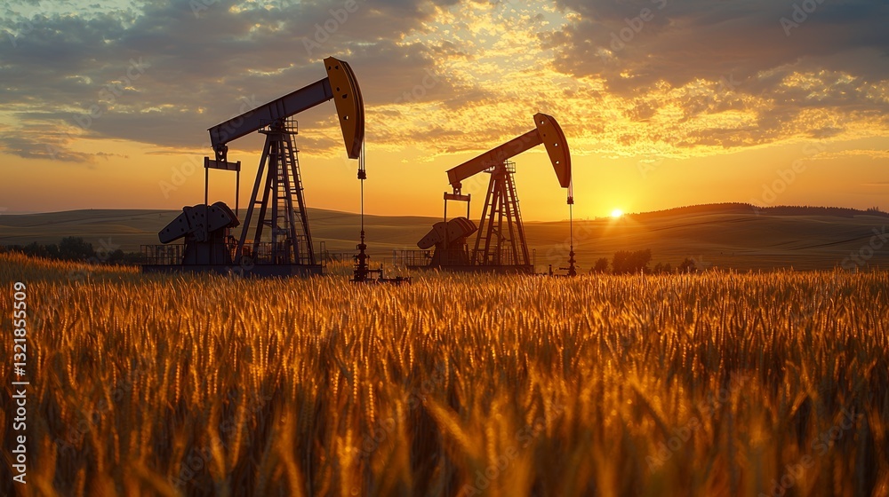 Naklejka premium Oil pumps working on a beautiful field during a golden sunset landscape