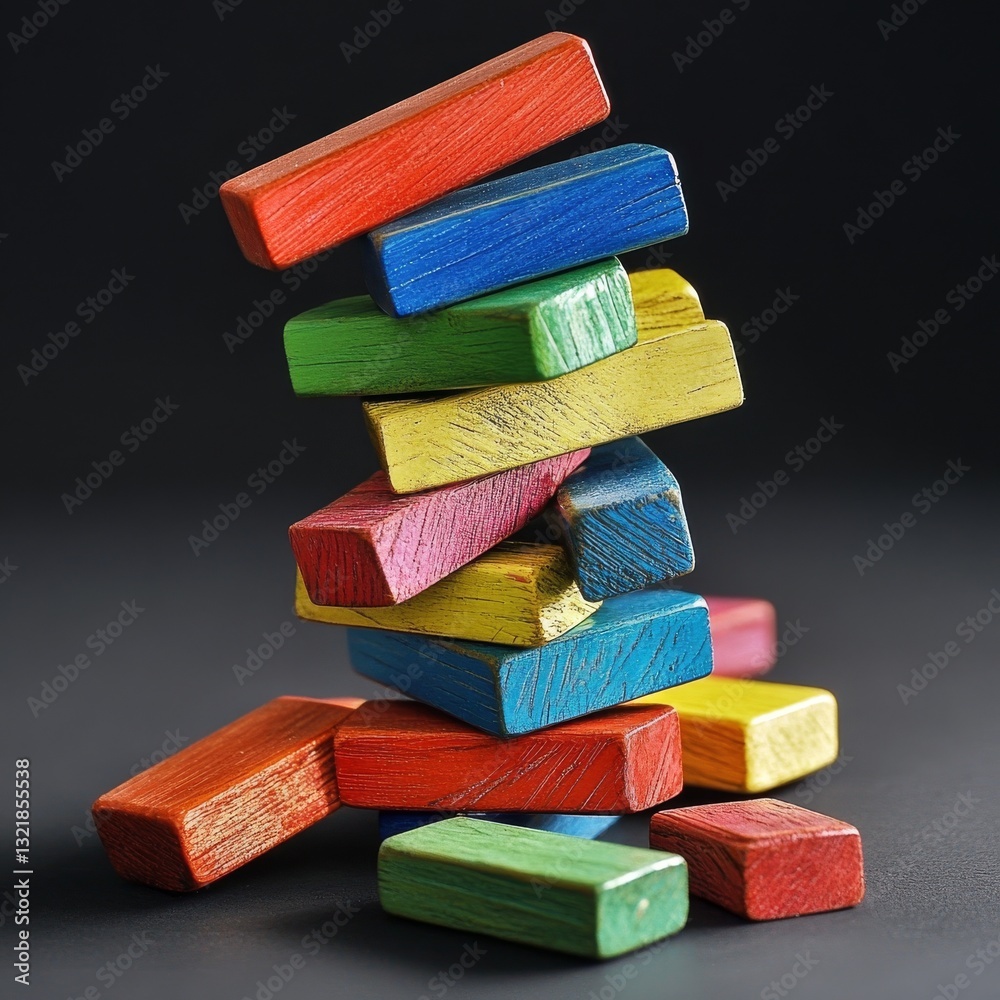 Multicolored Jenga , with fallen blocks on the side Multicolored Jenga , with fallen blocks on the side