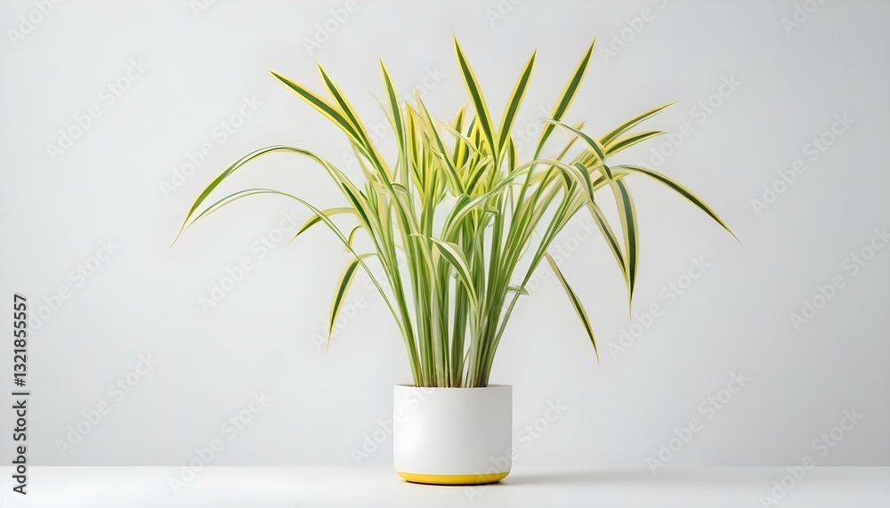 A full shot of a plant in a white pot, set against a white background. The plant has long, slender leaves that are green with yellow stripes