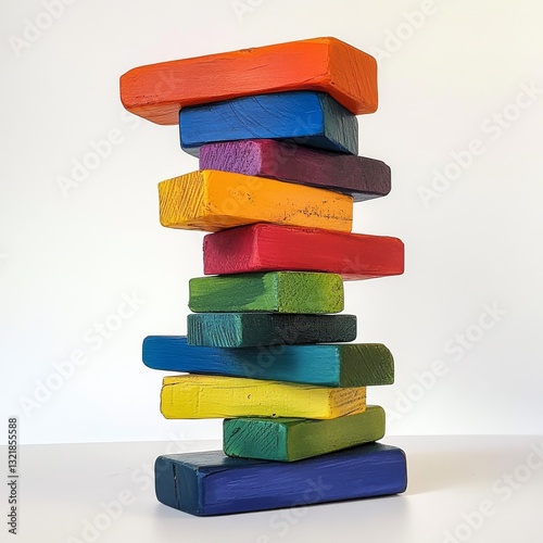 Multicolored Jenga , with fallen blocks on the side