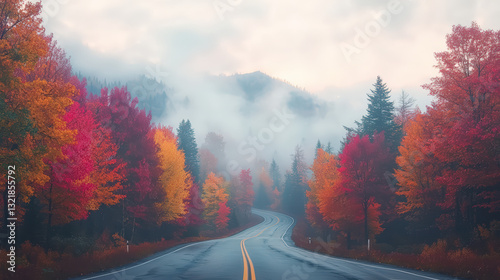 A winding road surrounded by vibrant autumn foliage and misty mountains creates a serene and picturesque landscape.