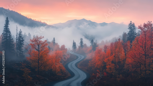 A winding road meanders through a vibrant autumn landscape, shrouded in mist, with mountains rising in the background under a soft, colorful sky.