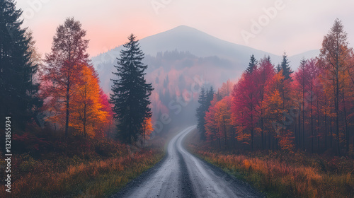 A winding road through a vibrant forest in autumn, framed by colorful trees and misty mountains in the background.