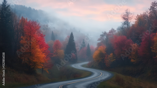 A winding road through misty autumn trees, showcasing vibrant foliage in hues of red and orange against a serene, cloudy backdrop.