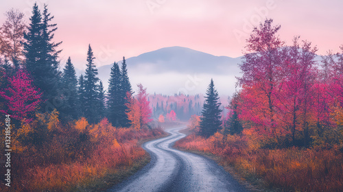 A winding road through vibrant autumn trees with a misty mountain backdrop, capturing the serene beauty of nature.