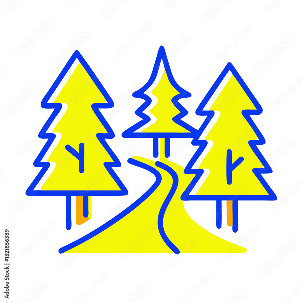 Fototapeta premium Yellow forest path icon winding through trees, nature exploration concept