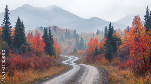A winding gravel road meanders through a vibrant forest of autumn foliage and misty mountains in the background.