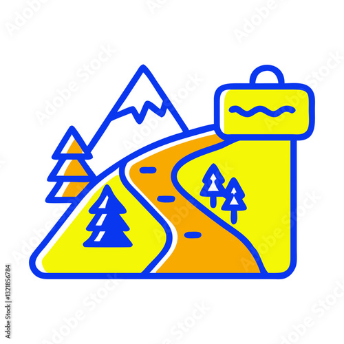 Hiking trail icon with mountains and trees, outdoor adventure concept