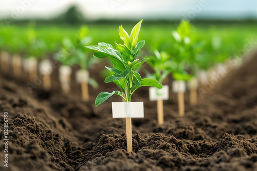 A crop field showcases rows of experimental genetically modified plants, with clear markers dividing various test areas. This innovative approach emphasizes agricultural research and development