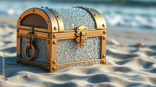 A sparkling treasure chest on a sandy beach – Generative AI