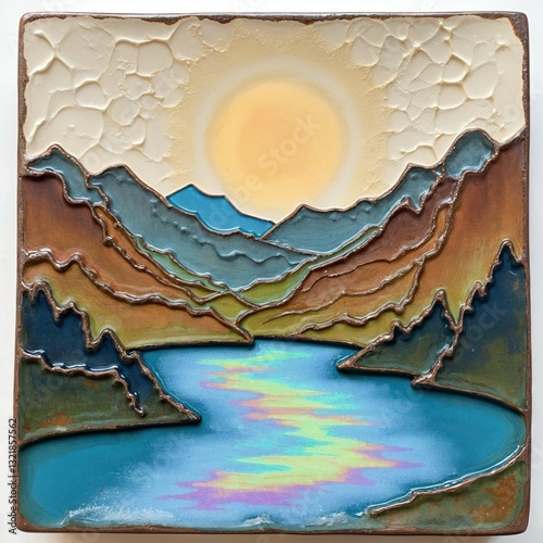 Stylized Mountain Lake Sun Tile in Earth Tones