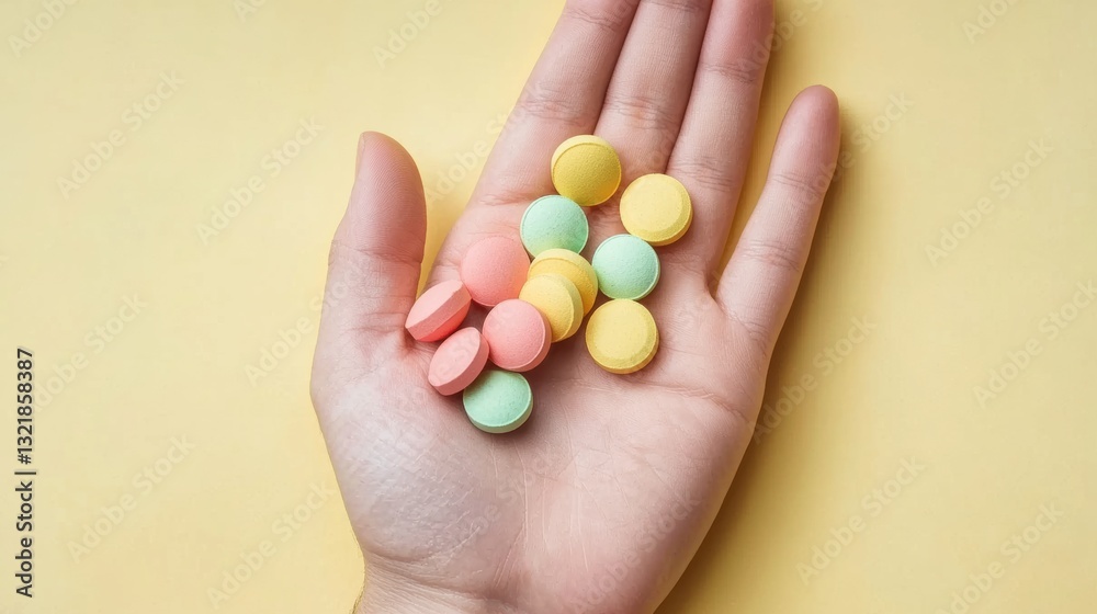 Colorful pills display in hand health and wellness concept bright background close-up view Colorful pills display in hand health and wellness concept bright background close-up view