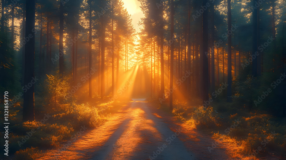 Fototapeta premium Forest Path at Sunrise: Golden Sunlight Illuminates Trees