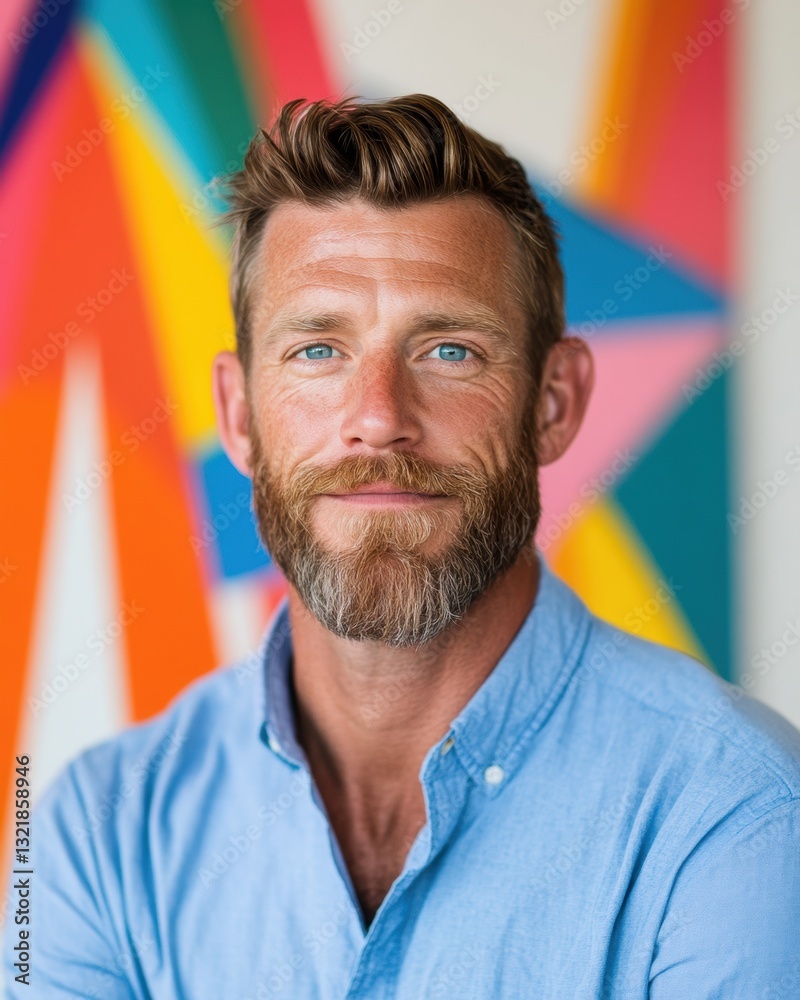 Fototapeta premium Vibrant Professional Confidence Millennial Creative Director in Soft Blue Button-Down Against Bold Geometric Background - Innovative Leadership and Modern Workplace Branding