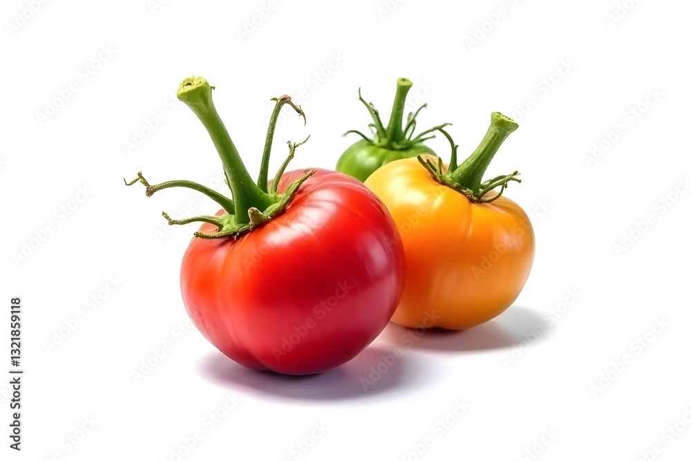Colorful Tomatoes with Stems on White Background Colorful Tomatoes with Stems on White Background