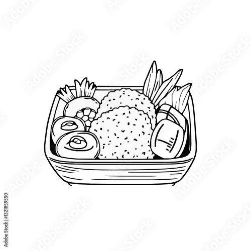 black outline vector of a sushi bento box with rice and side dishes, perfect for Japanese cuisine illustrations